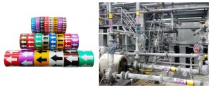ANSI-compliant outdoor pipeline markings with color codes and flow arrows