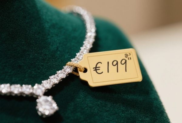 Handwritten PVC jewelry price tags on diamond necklace - Smudge-proof custom labels by Gemmylabel