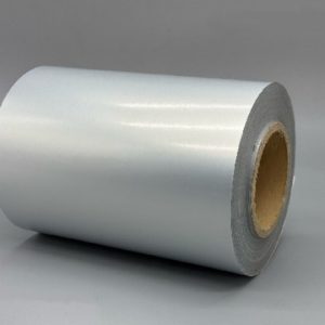 GemmyLabel's matte silver PET label material for inkjet printing - showing smudge-resistant coating and texture