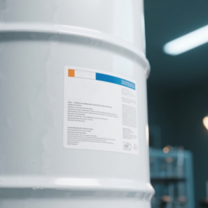 White PET chemical resistant label resisting solvent exposure on chemical drum in laboratory environment