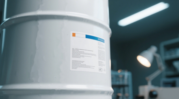 White PET chemical resistant label resisting solvent exposure on chemical drum in laboratory environment