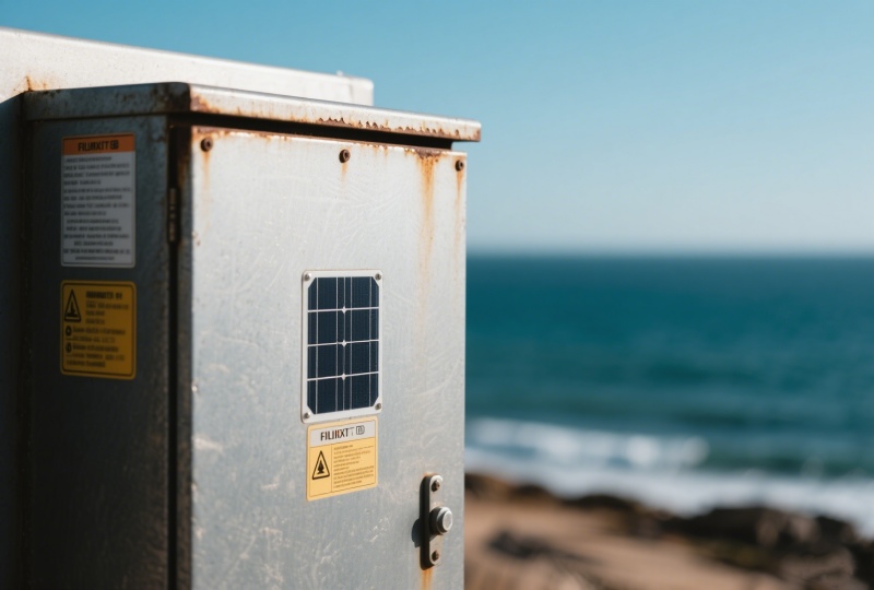 Corrosion-resistant solar identification sticker on coastal inverter cabinet