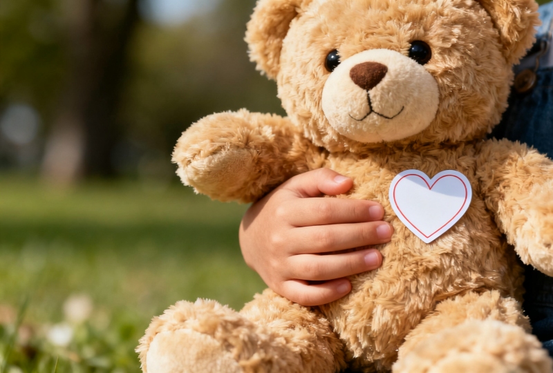 Close-up of a child holding a plush teddy bear with a custom heart-shaped clothing tag attached, demonstrating the application of special shaped toy labels.