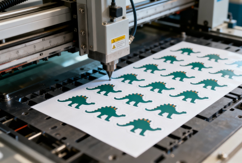 A modern die-cutting machine precision cutting a sheet of printed material into custom dinosaur-shaped toy labels, showcasing GemmyLabel's manufacturing process.