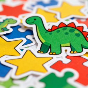 Macro photography of a collection of durable special shaped toy labels in various shapes like star, dinosaur, and puzzle piece, showcasing vibrant colors and quality.