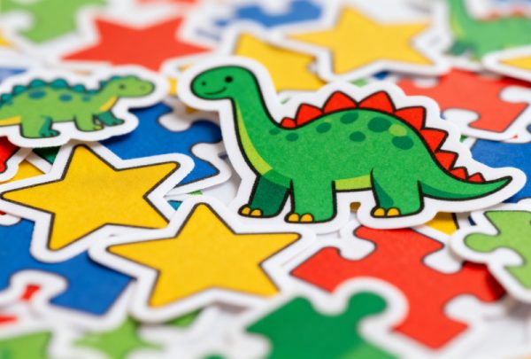 Macro photography of a collection of durable special shaped toy labels in various shapes like star, dinosaur, and puzzle piece, showcasing vibrant colors and quality.