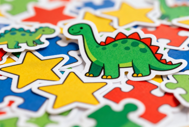Macro photography of a collection of durable special shaped toy labels in various shapes like star, dinosaur, and puzzle piece, showcasing vibrant colors and quality.