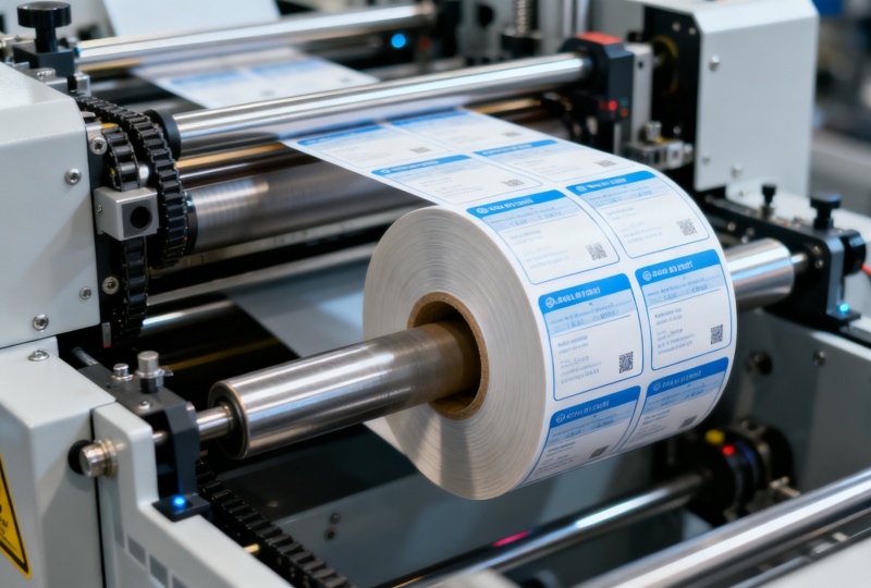 An industrial barcode label on a robotic arm in an automated production line, used for precise asset tracking and maintenance scheduling.