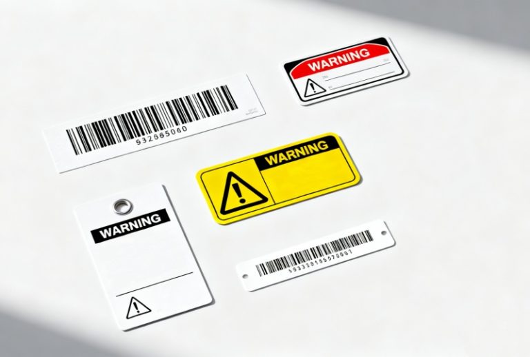 A diverse collection of custom industrial label samples, showcasing various materials, shapes, and adhesive options