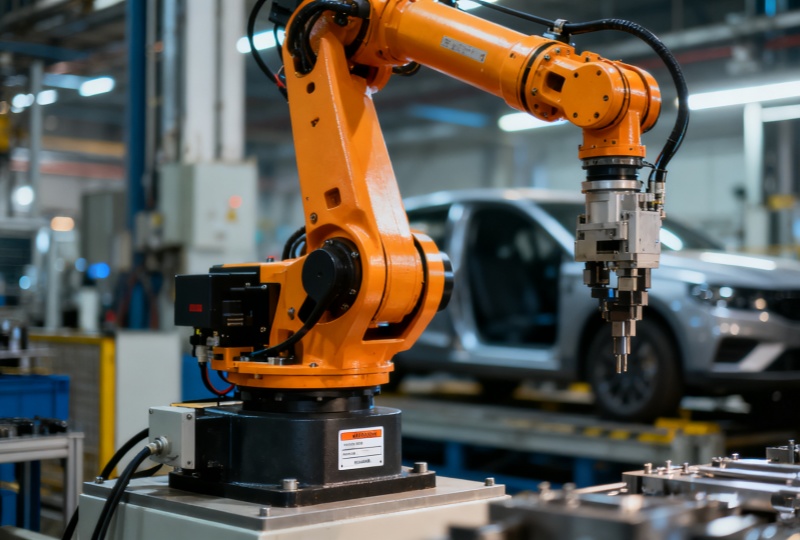 Custom industrial identification labels applied to a manufacturing robotic arm for asset tracking