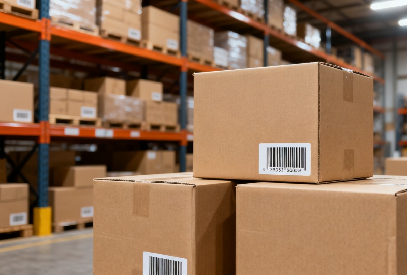 Scannable barcode labels on cardboard boxes in a modern warehouse for efficient logistics and shipping