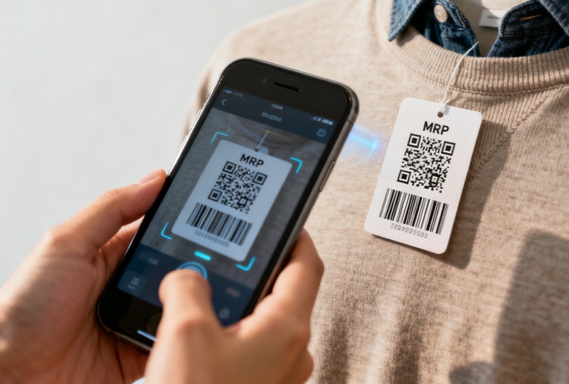 Smartphone scanning QR code garment label for mobile inventory tracking
