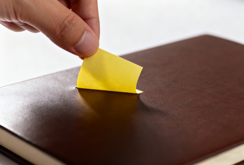 Person easily peeling a yellow removable self-adhesive label from a notebook without leaving any sticky residue