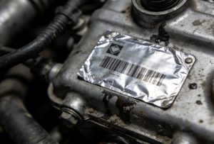 Close-up of a durable aluminum foil label attached to a printed circuit board, with a QR-like abstract pattern, showing heat resistance and metallic reflection.