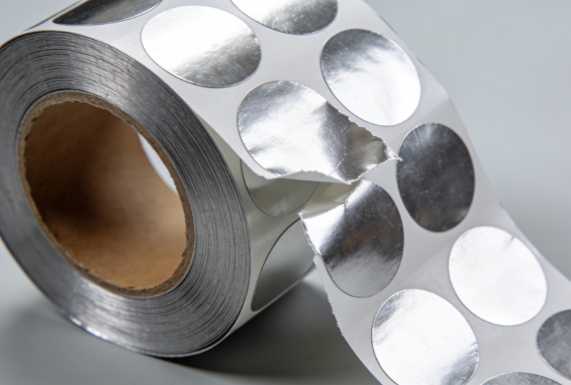 A roll of pure aluminum foil self-adhesive labels with metallic sheen, partially peeled to show the adhesive backing, on a clean industrial background.