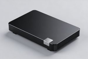 A sleek black electronic device featuring a small, durable tamper proof label on its housing, designed to prevent unauthorized access.